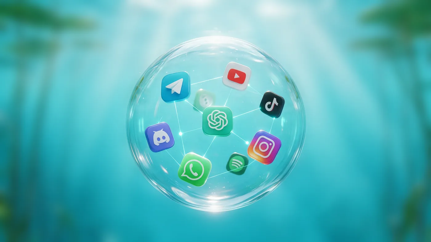 Telegram, YouTube, ChatGPT, TikTok, Discord, Instagram, WhatsApp и Spotify внутри водяного пузыря